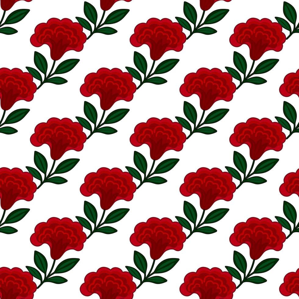 Seamless pattern of stylized crimson celosia flowers with dark green leaves on a white background, creating a vibrant and elegant floral design. vector