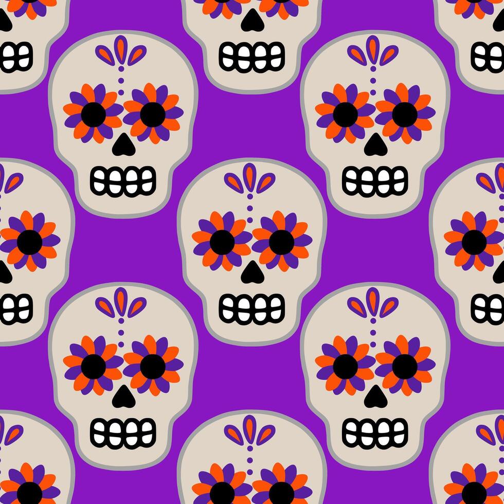 Seamless pattern featuring stylized sugar skulls with vibrant orange and purple floral accents on a rich purple background, ideal for Day of the Dead celebrations. vector