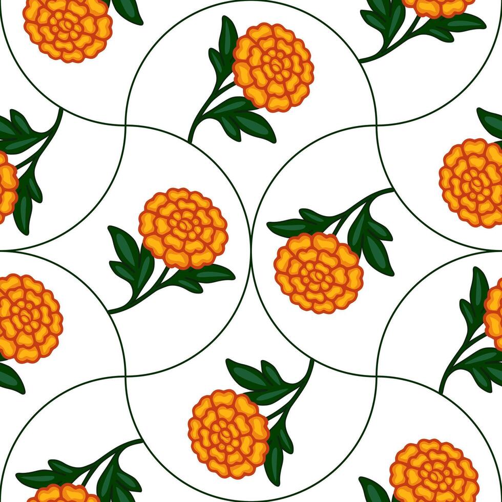 Seamless pattern with stylized orange marigolds and dark green leaves arranged in a unique curved pattern on a white background, ideal for textile prints or festive designs. vector