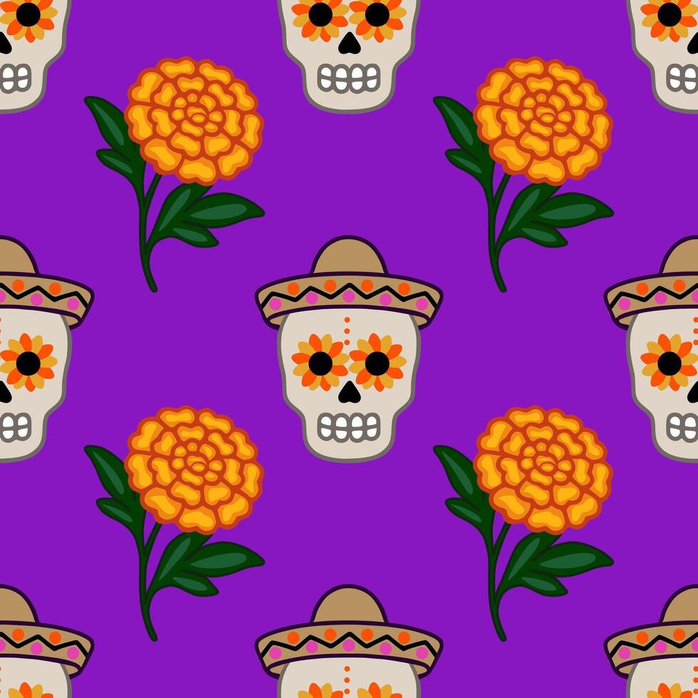 Festive Day of the Dead seamless pattern with sugar skulls wearing sombreros and vibrant marigold flowers on a rich purple background, perfect for holiday celebrations. vector