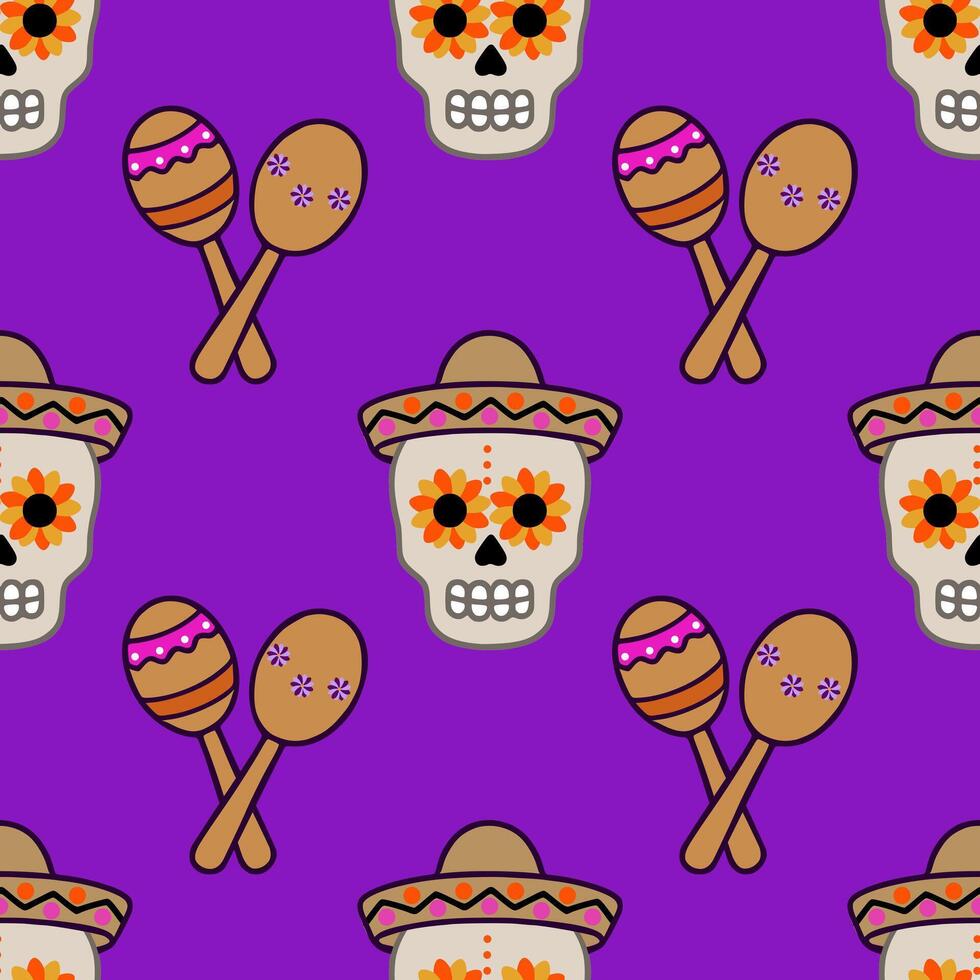 Seamless pattern featuring vibrant Day of the Dead sugar skulls wearing sombreros, adorned with sunflowers, playfully paired with maracas on a rich purple background. vector
