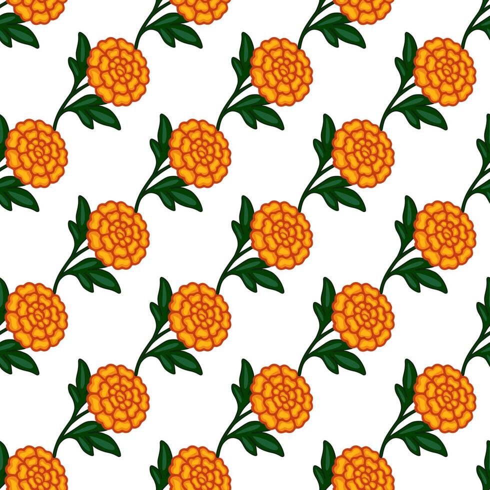 Seamless pattern of stylized marigold flowers with dark green leaves on a white background, creating a vibrant and festive design ideal for textile prints, wallpapers, or packaging. vector