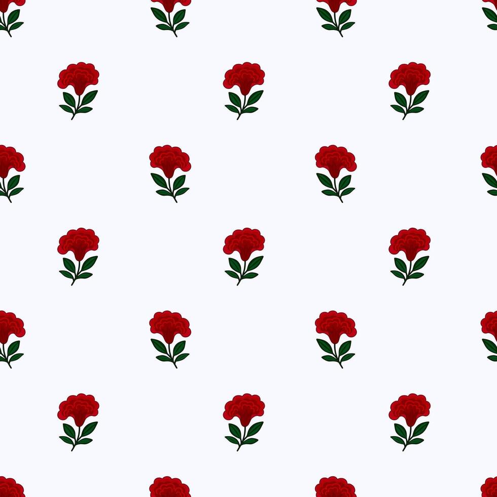 Seamless pattern with stylized red flowers cresta de gallo and green leaves on a white background, ideal for textile design or wrapping paper. vector