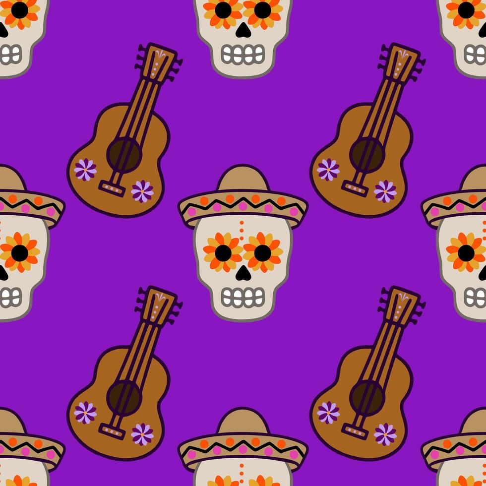 Vibrant seamless pattern featuring Day of the Dead sugar skulls adorned with sunflowers, wearing sombreros, and accompanied by brown ukuleles on a rich purple background. vector