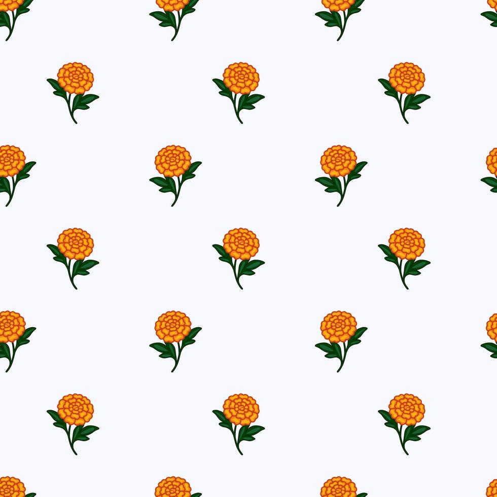 Seamless pattern of stylized orange marigold flowers with dark green leaves on a white background, perfect for textile prints or festive designs. vector