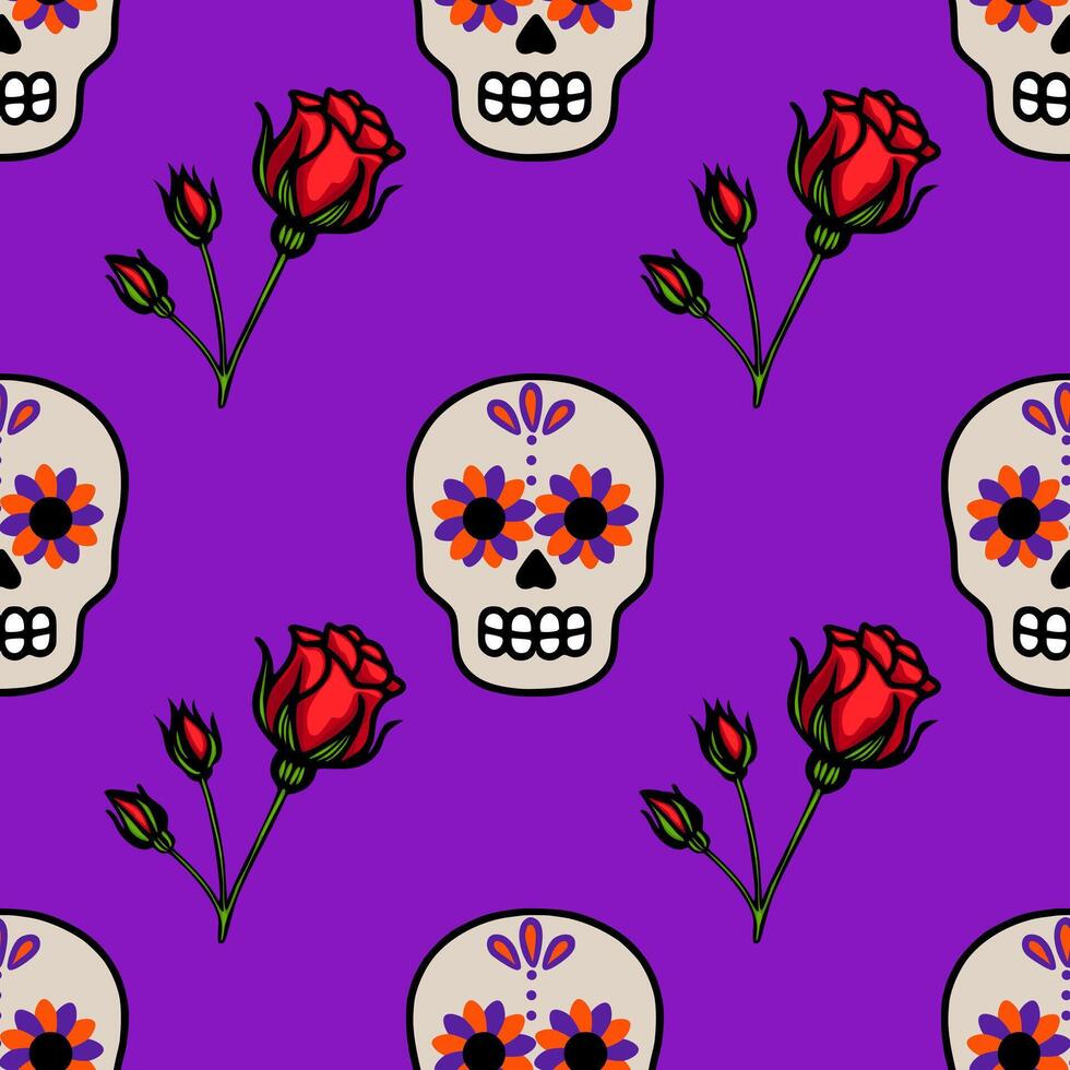 Seamless pattern featuring vibrant Day of the Dead sugar skulls adorned with orange and purple flowers, accompanied by stylized red roses on a rich purple background. vector