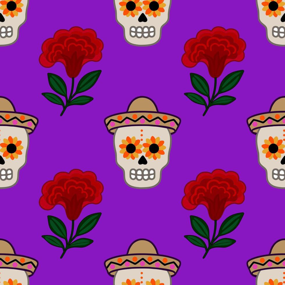 Vibrant seamless pattern featuring Dia de Muertos sugar skulls in sombreros, adorned with sunflowers, and complemented by stylized red flowers on a rich purple background. vector