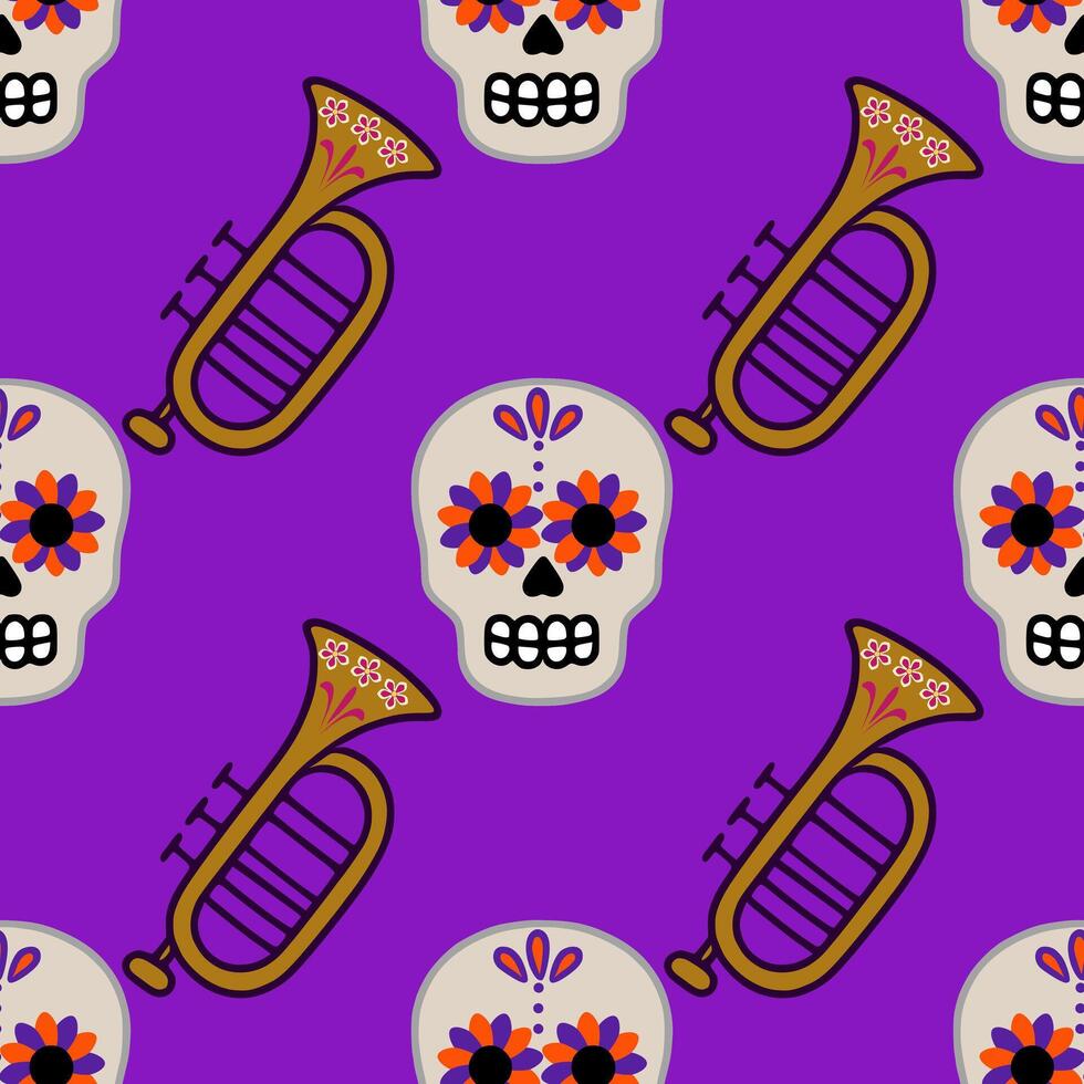 Vibrant seamless pattern featuring ornate sugar skulls and golden trumpets, ideal for Day of the Dead celebrations or festive designs. vector