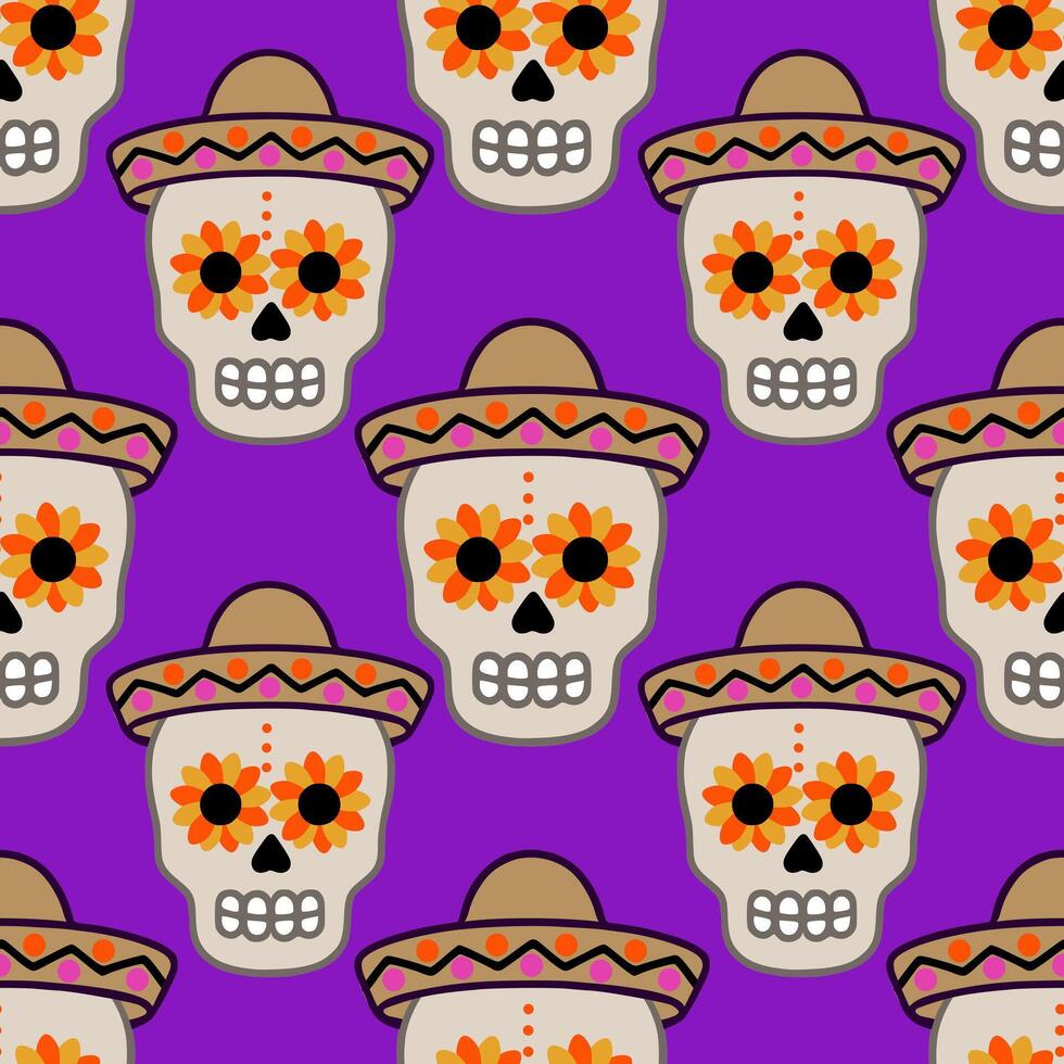 Festive Seamless Pattern of Calaveras Skulls in Sombreros with Floral Eye Designs on Vibrant Purple Background vector