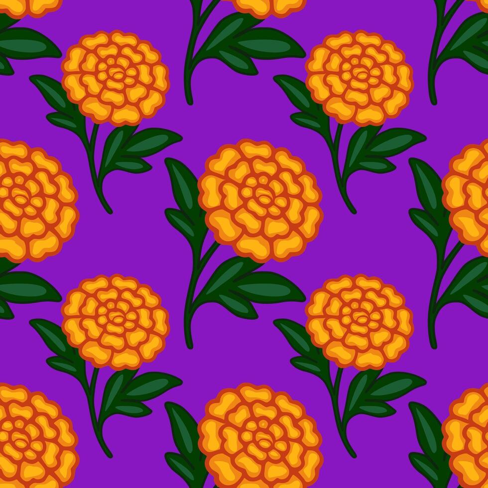 Seamless pattern of stylized orange marigolds on a vibrant purple background, perfect for Day of the Dead or Mexican-inspired designs. vector