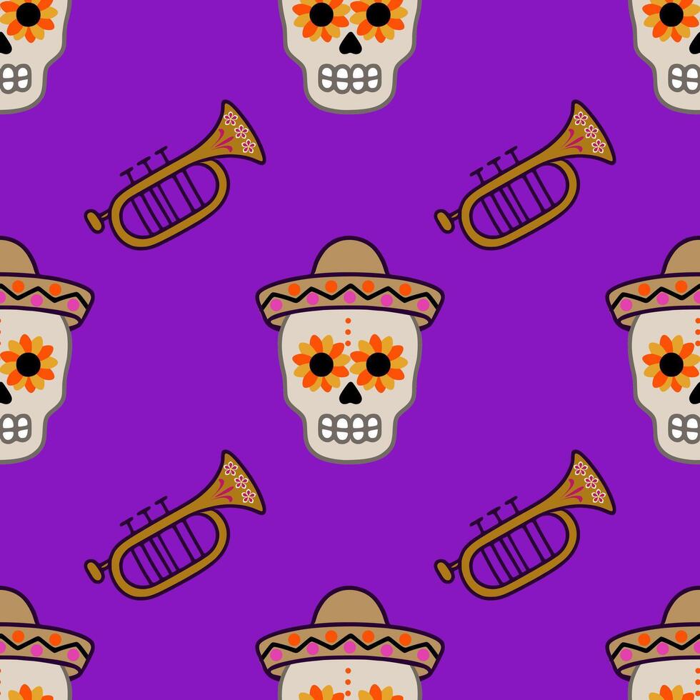 Vibrant Seamless Pattern Featuring Day of the Dead Skulls in Sombreros and Ornate Trumpets on a Purple Background vector