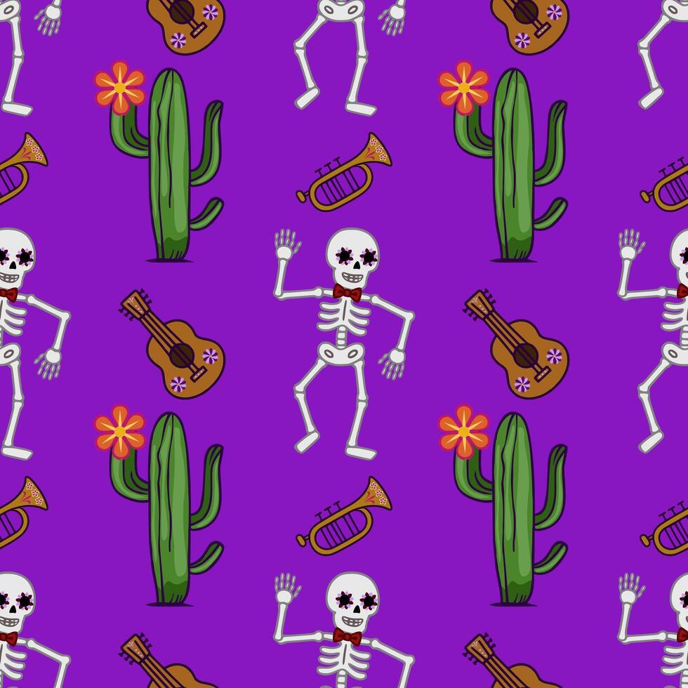Vibrant Seamless Pattern Day of the Dead Fiesta with Dancing Skeletons, Cacti, Guitars, and Trumpets on Purple Background vector