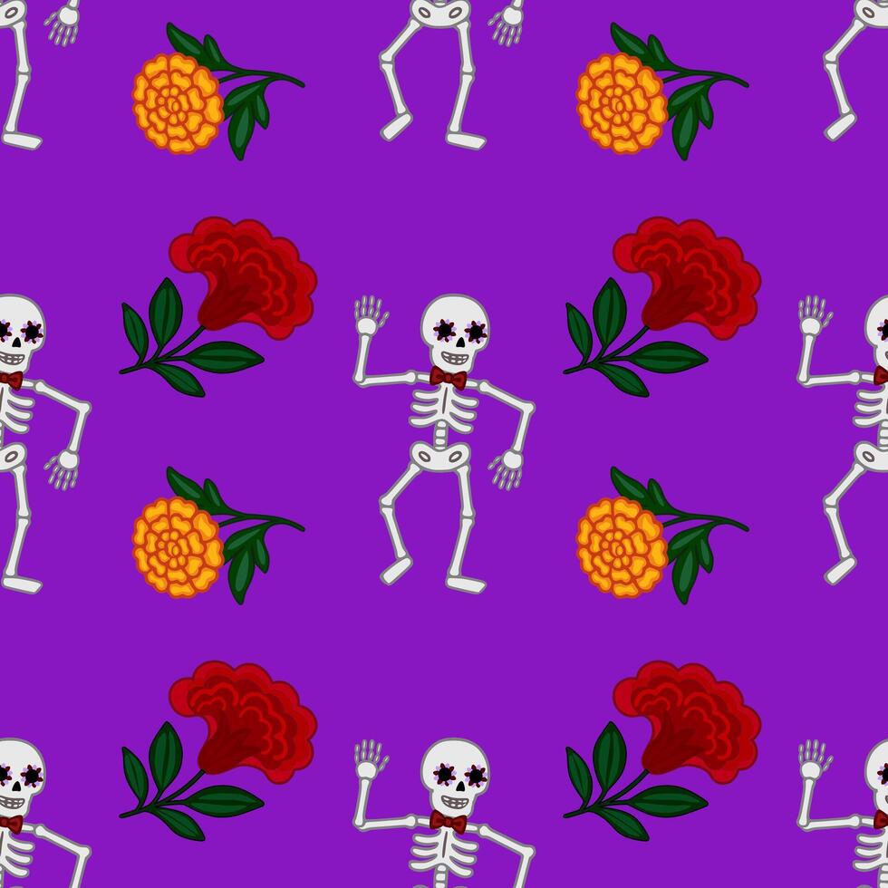 Seamless pattern featuring dancing skeletons with floral marigold and red flower accents on a vibrant purple background, perfect for Day of the Dead celebrations. vector