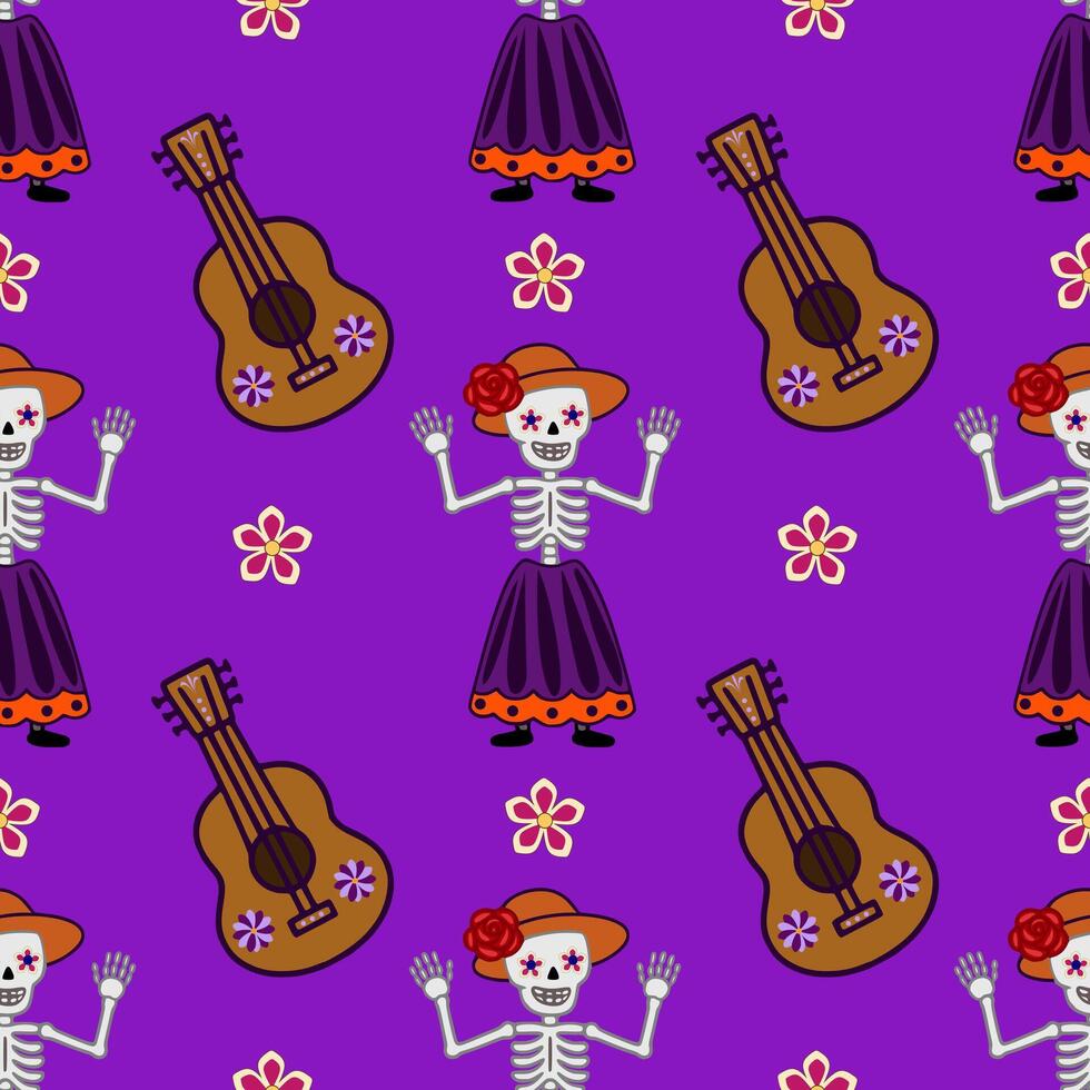 Vibrant seamless pattern featuring Day of the Dead skeletons in traditional attire, guitars, and colorful flowers on a rich purple background, ideal for festive designs. vector