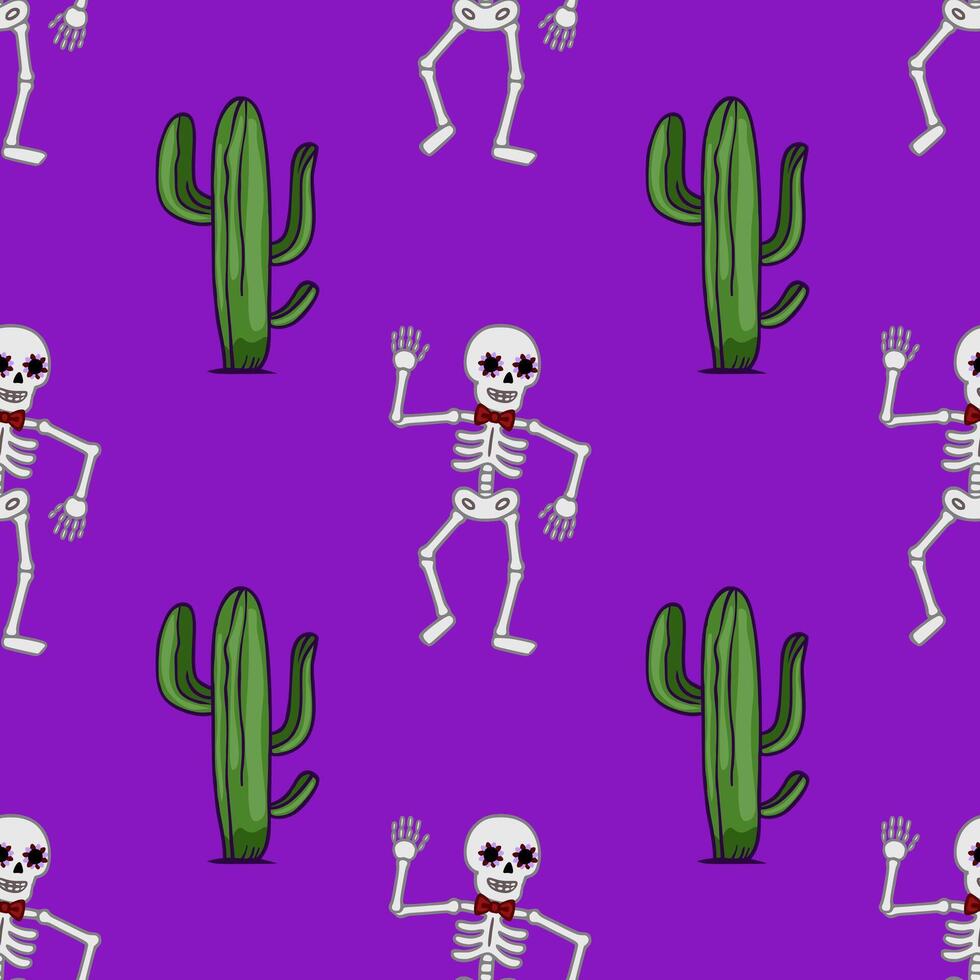 Seamless pattern featuring dancing skeletons with floral eye decorations and red bow ties, playfully interacting with vibrant green cacti against a rich purple background, ideal for Day of t... vector