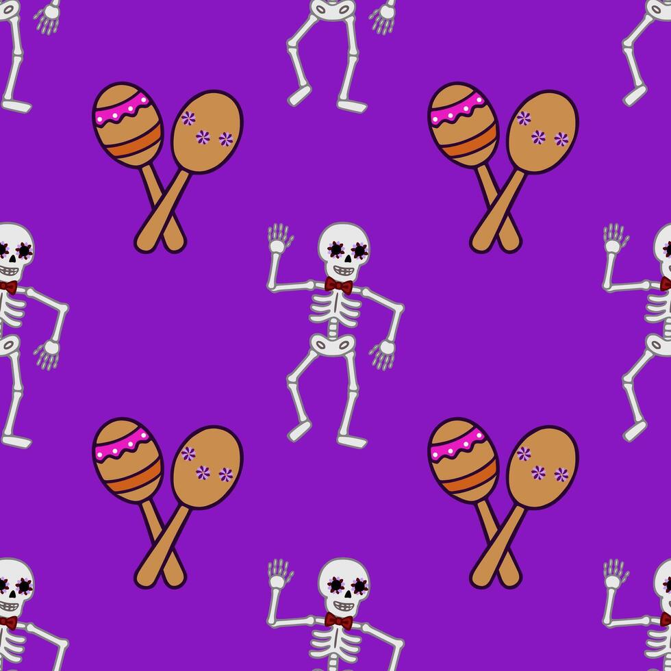 Seamless pattern featuring dancing skeletons with floral eye makeup and maracas, set against a vibrant purple background, ideal for Day of the Dead celebrations. vector