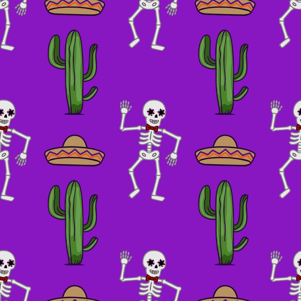 Seamless pattern featuring vibrant purple background, dancing skeletons with floral eye makeup and red bow ties, along with green cacti and traditional Mexican sombreros, creating a festive... vector