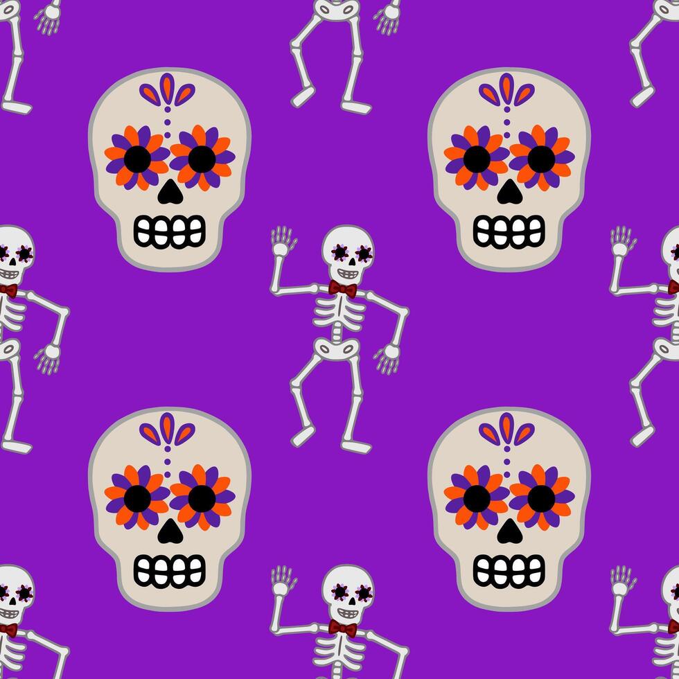 Seamless pattern featuring dancing skeletons with bow ties and sugar skulls adorned with vibrant orange and purple flowers on a rich purple background, ideal for festive Day of the Dead desi... vector