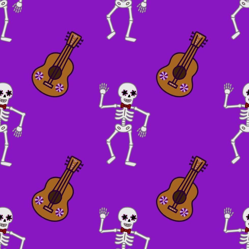 Seamless pattern featuring dancing skeletons with floral eye makeup and decorative guitars on a vibrant purple background, perfect for Day of the Dead celebrations. vector