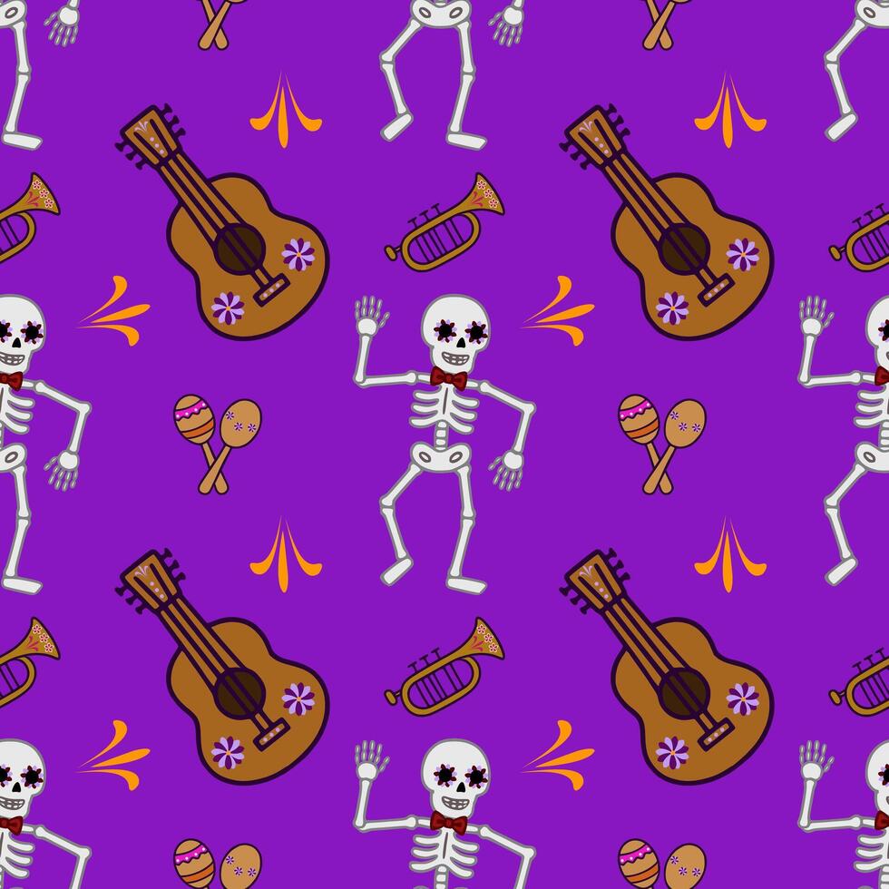 Festive Day of the Dead seamless pattern with dancing skeletons, guitars, trumpets, and maracas on a vibrant purple background, perfect for vibrant holiday designs. vector