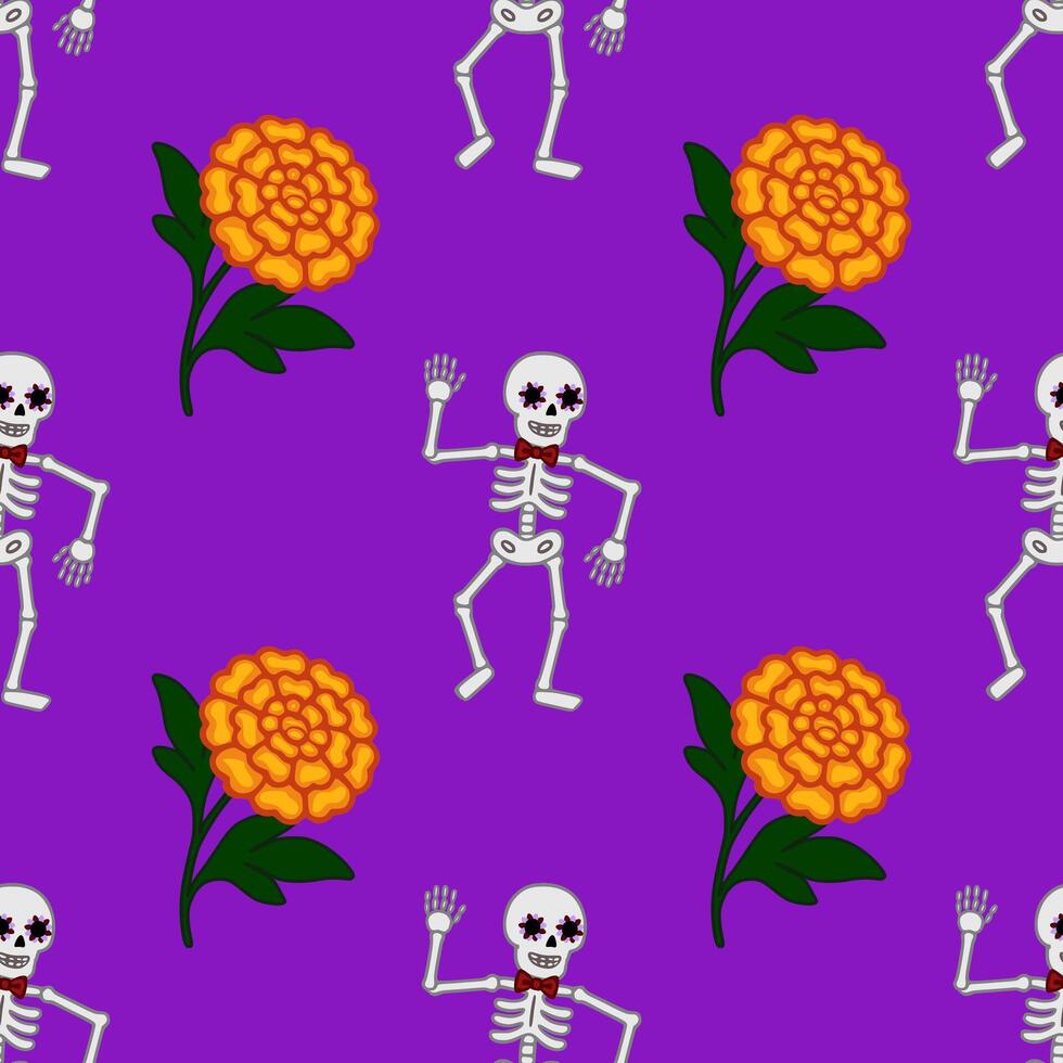 Festive Day of the Dead seamless pattern with dancing skeletons wearing bow ties and vibrant marigold flowers on a purple background. vector