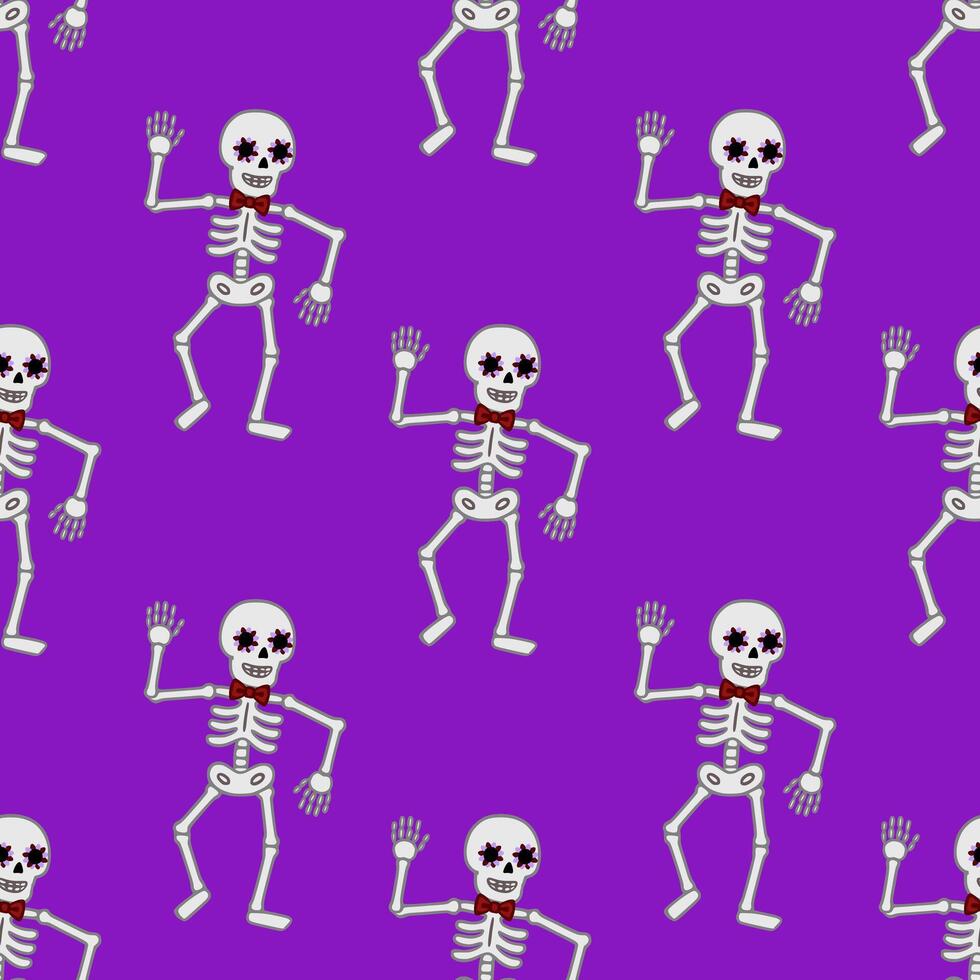 Seamless pattern of dancing skeletons with floral eye decorations and red bow ties on a vibrant purple background, ideal for Halloween or Day of the Dead designs. vector