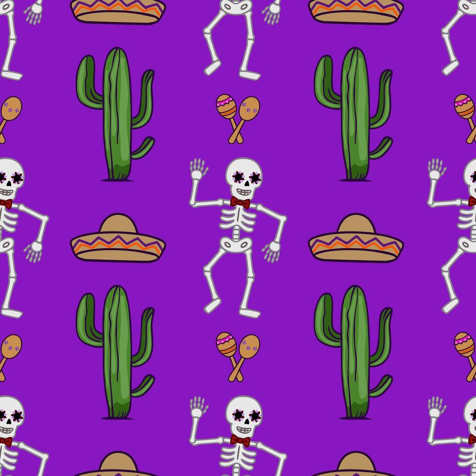 Festive Day of the Dead seamless pattern featuring dancing skeletons, cacti, sombreros, and maracas on a vibrant purple background, perfect for textile prints or holiday designs. vector