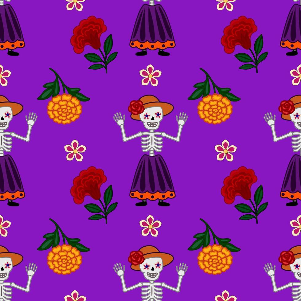 Vibrant seamless pattern featuring Day of the Dead Calaveras skeletons in festive attire, surrounded by marigolds and other colorful flowers on a rich purple background. vector