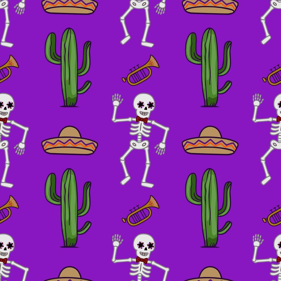 Seamless pattern featuring vibrant Day of the Dead skeletons dancing with trumpets, cacti, and sombreros on a rich purple background. vector