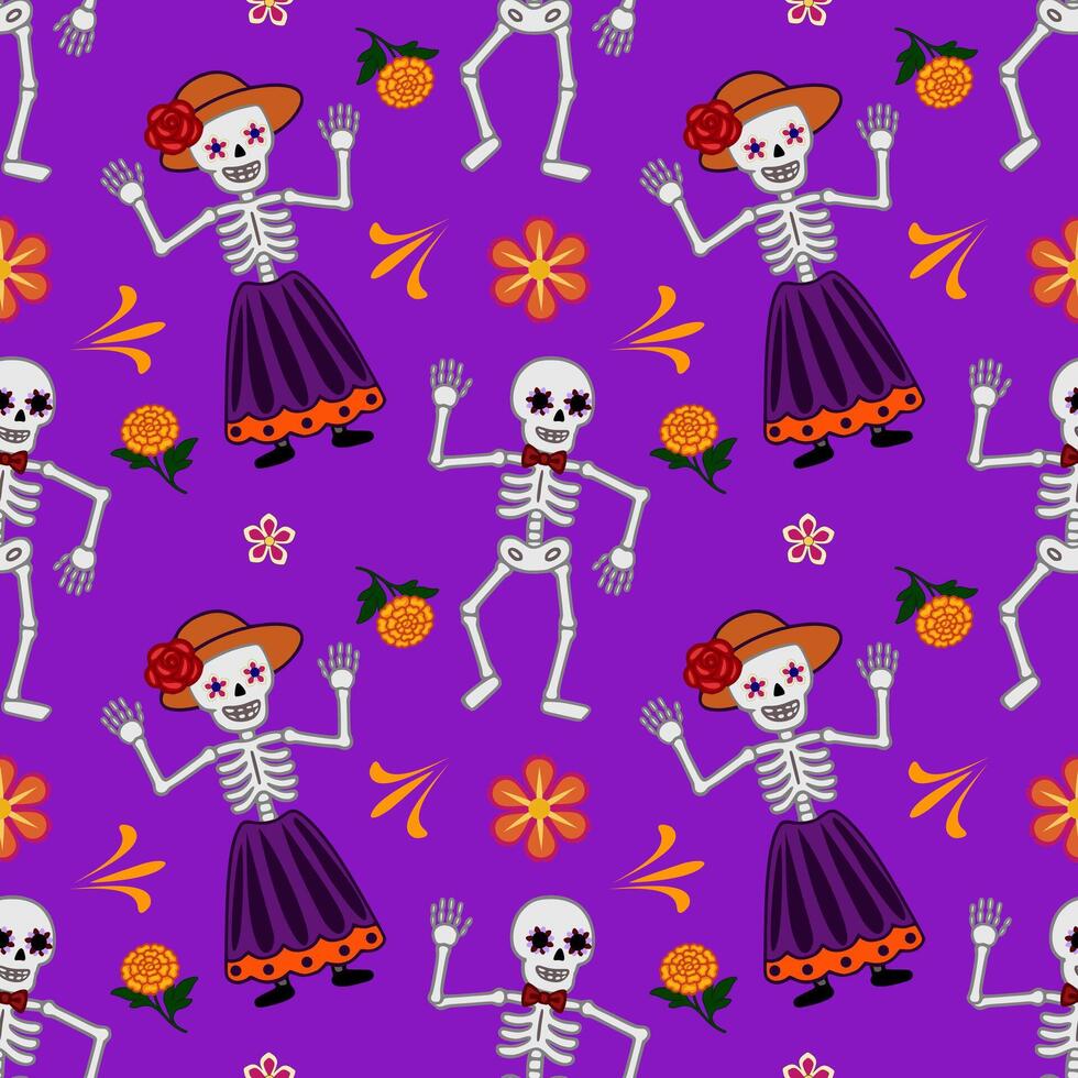 Vibrant Seamless Pattern Day of the Dead Skeletons Dancing Amidst Marigolds and Festive Flowers on Purple Background vector