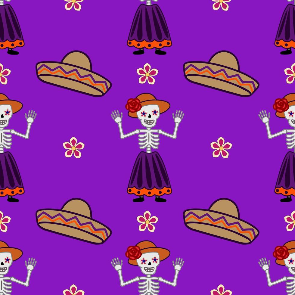 Seamless pattern featuring cheerful Calaveras in vibrant purple, orange, and beige, adorned with flowers and sombreros, ideal for Day of the Dead celebrations. vector