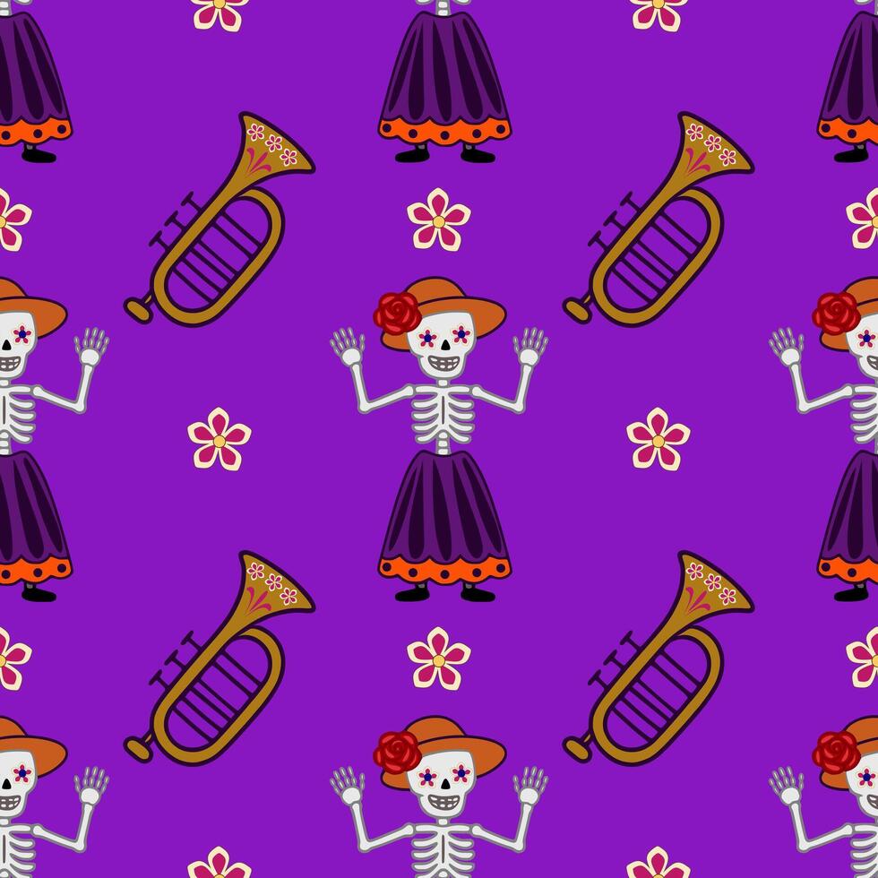 Festive Day of the Dead seamless pattern with skeletons in traditional clothing, trumpets, and vibrant flowers on a purple background, perfect for textile prints and holiday designs. vector