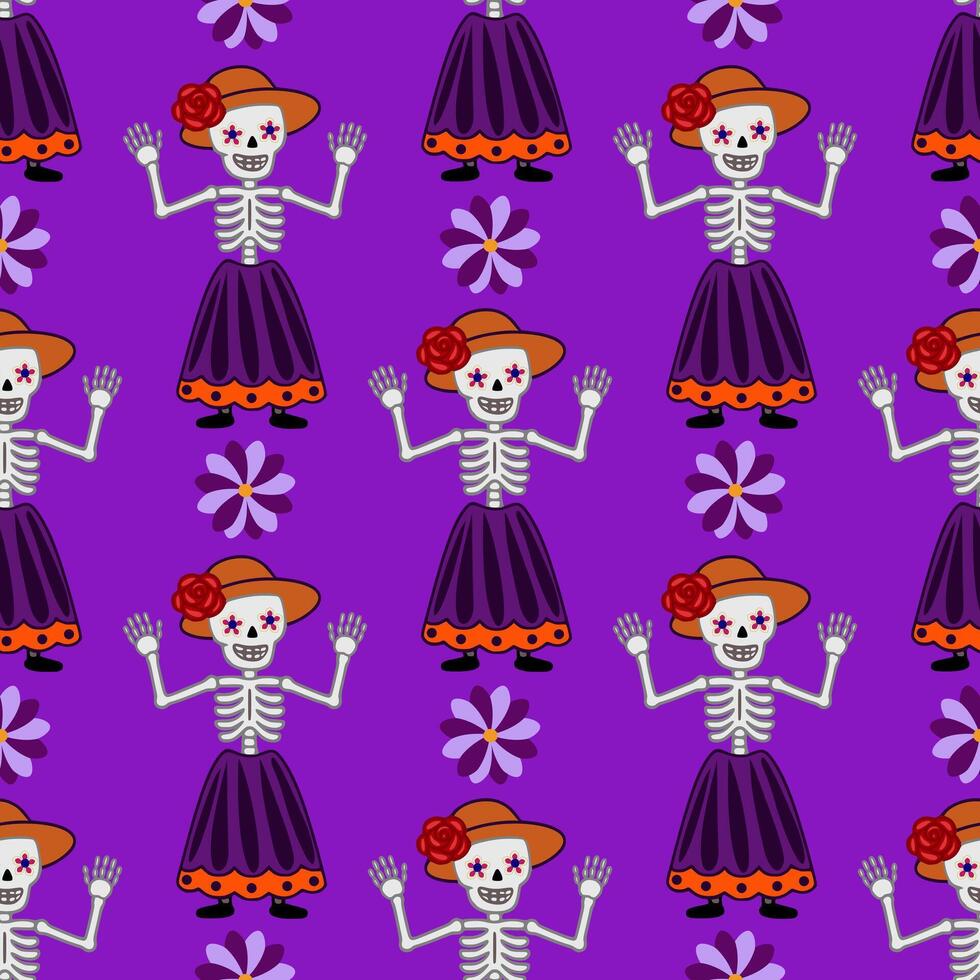 Seamless pattern featuring cheerful Calavera Catrina skeletons in vibrant purple dresses, orange hats adorned with red roses, and waving hands, set against a rich purple backdrop with purple... vector