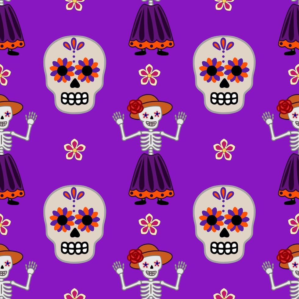 Vibrant seamless pattern featuring Calavera Catrinas, skeletons in traditional attire, and colorful floral elements against a rich purple background, perfect for Day of the Dead celebrations. vector