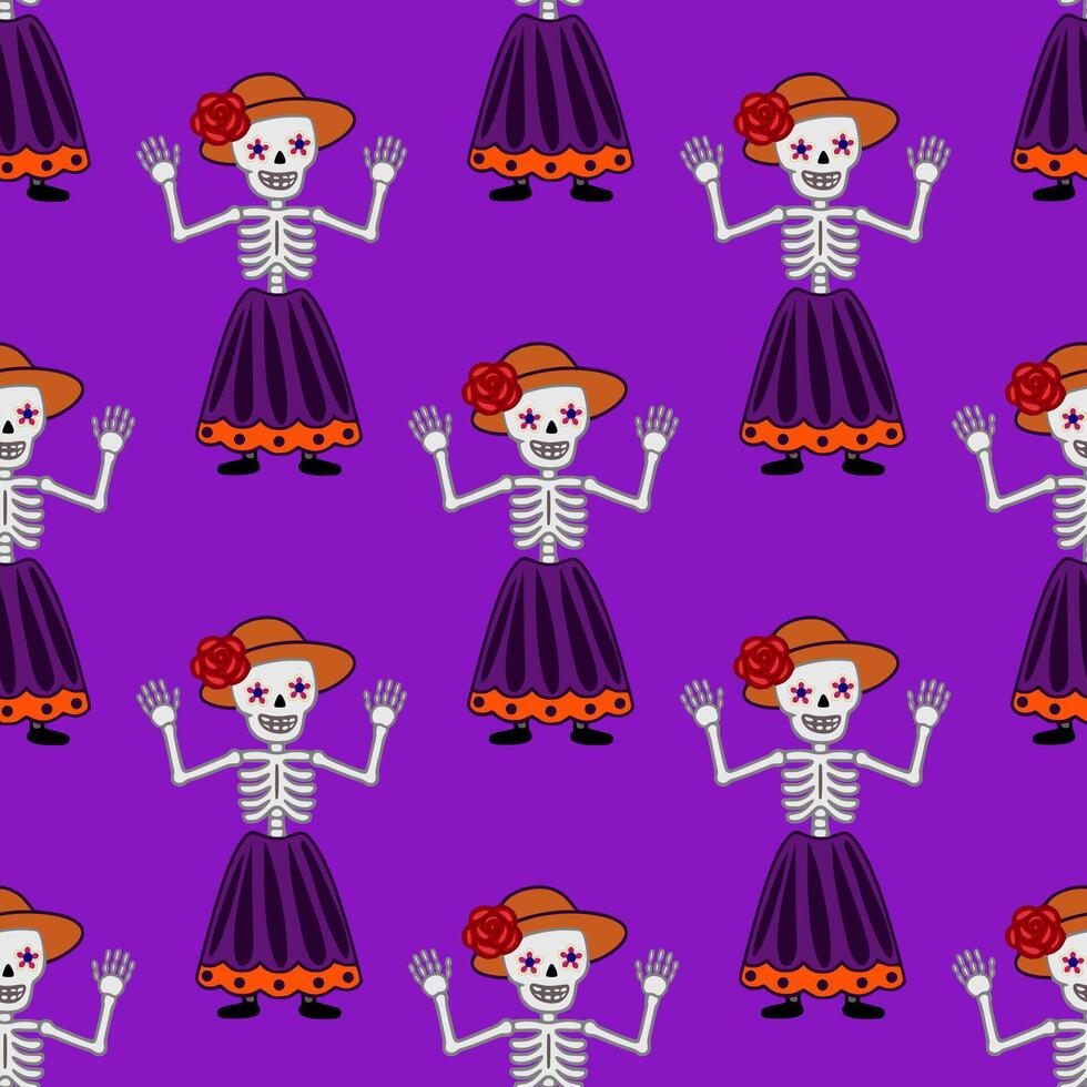 Seamless pattern featuring cheerful Calavera Catrina skeletons in vibrant purple and orange, perfect for Day of the Dead celebrations. vector