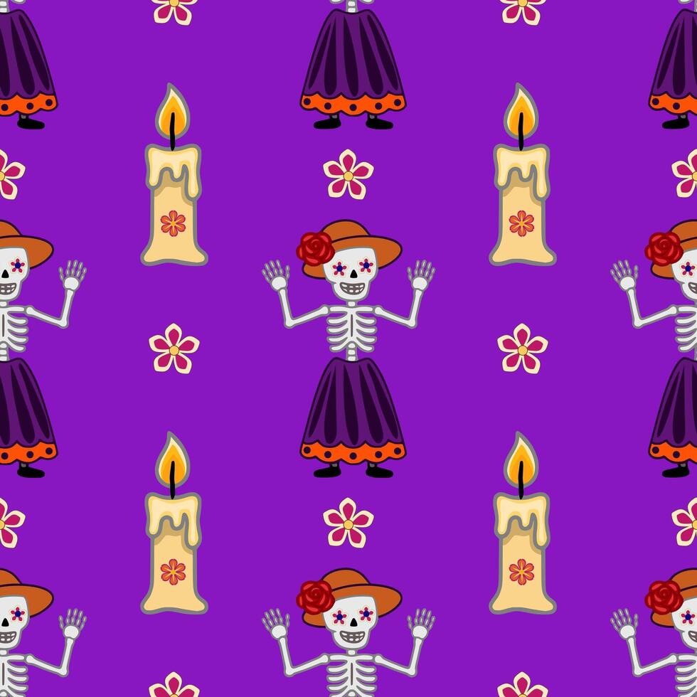 Seamless pattern featuring cheerful Calaveras Catrinas in vibrant purple, orange, and red, waving against a backdrop of lit candles and stylized flowers, perfect for Day of the Dead celebrat... vector