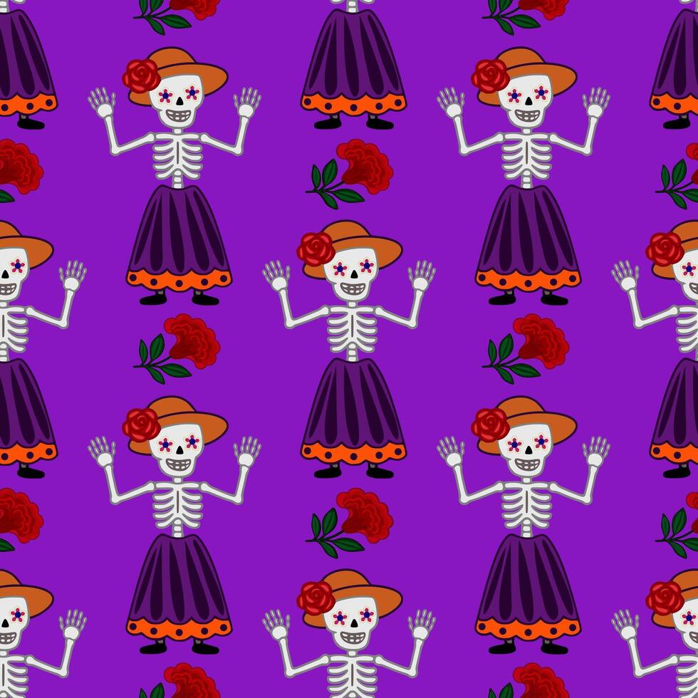 Seamless pattern featuring cheerful Day of the Dead skeletons in vibrant purple dresses, orange hats adorned with red roses, and waving hands against a rich purple background. vector