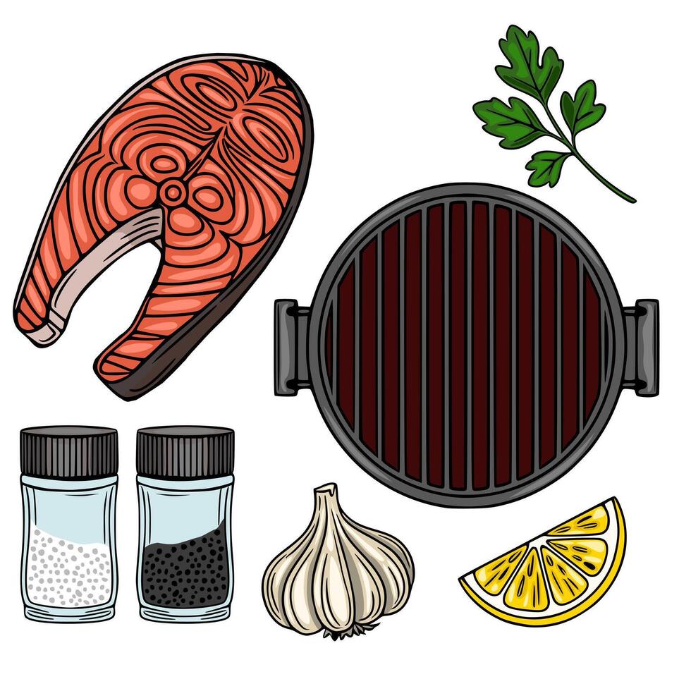 Vibrant illustration of grilled salmon steak, grill, lemon slice, garlic, parsley, salt and pepper shakers, perfect for culinary designs and menus. vector