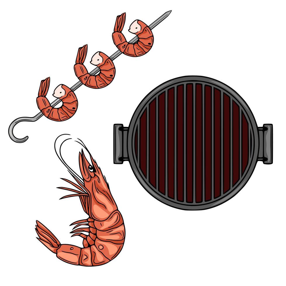 Delicious illustration of grilled shrimps on skewers and a round grill, showcasing vibrant orange hues and detailed handdrawn style. vector