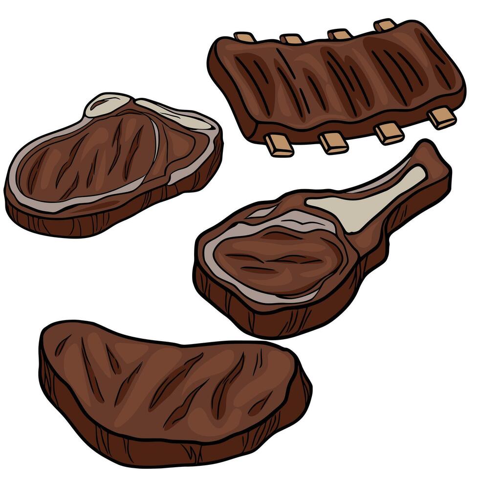 A illustration featuring four different cuts of grilled meat a rib rack, a Tbone steak, a ribeye steak, and a sirloin steak, each rendered in a handdrawn style with rich brown tones. vector
