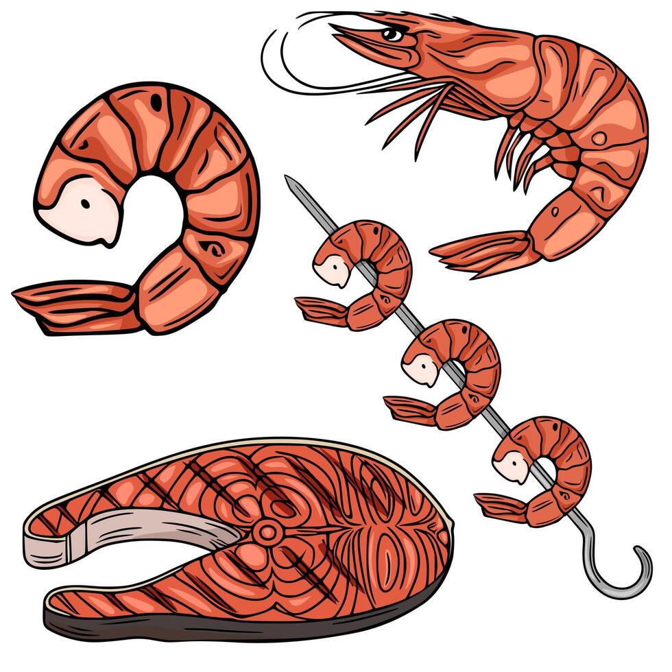 illustration of grilled shrimps, a skewer of shrimps, and a grilled salmon steak, showcasing detailed textures and vibrant orange hues. vector