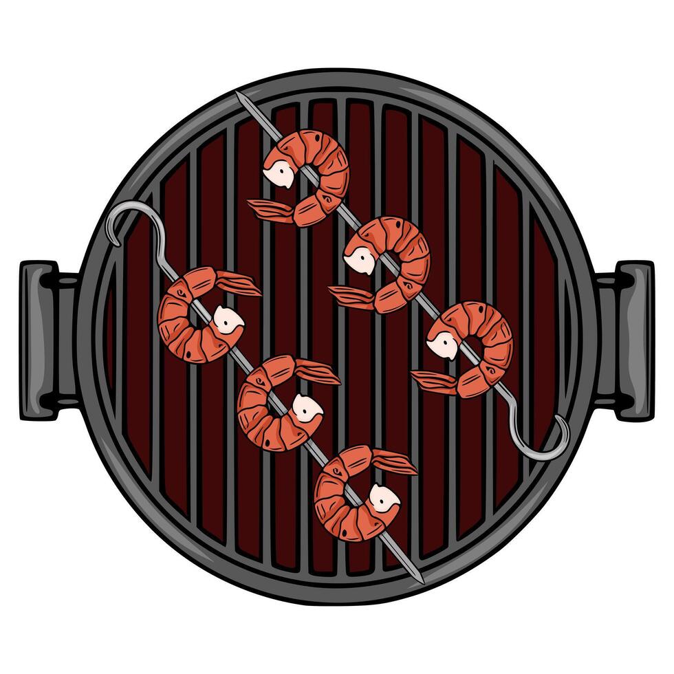 Delicious Illustration of Grilled Shrimp Skewers on a Charcoal Grill, Featuring a Unique TopDown Perspective and HandDrawn Style. vector