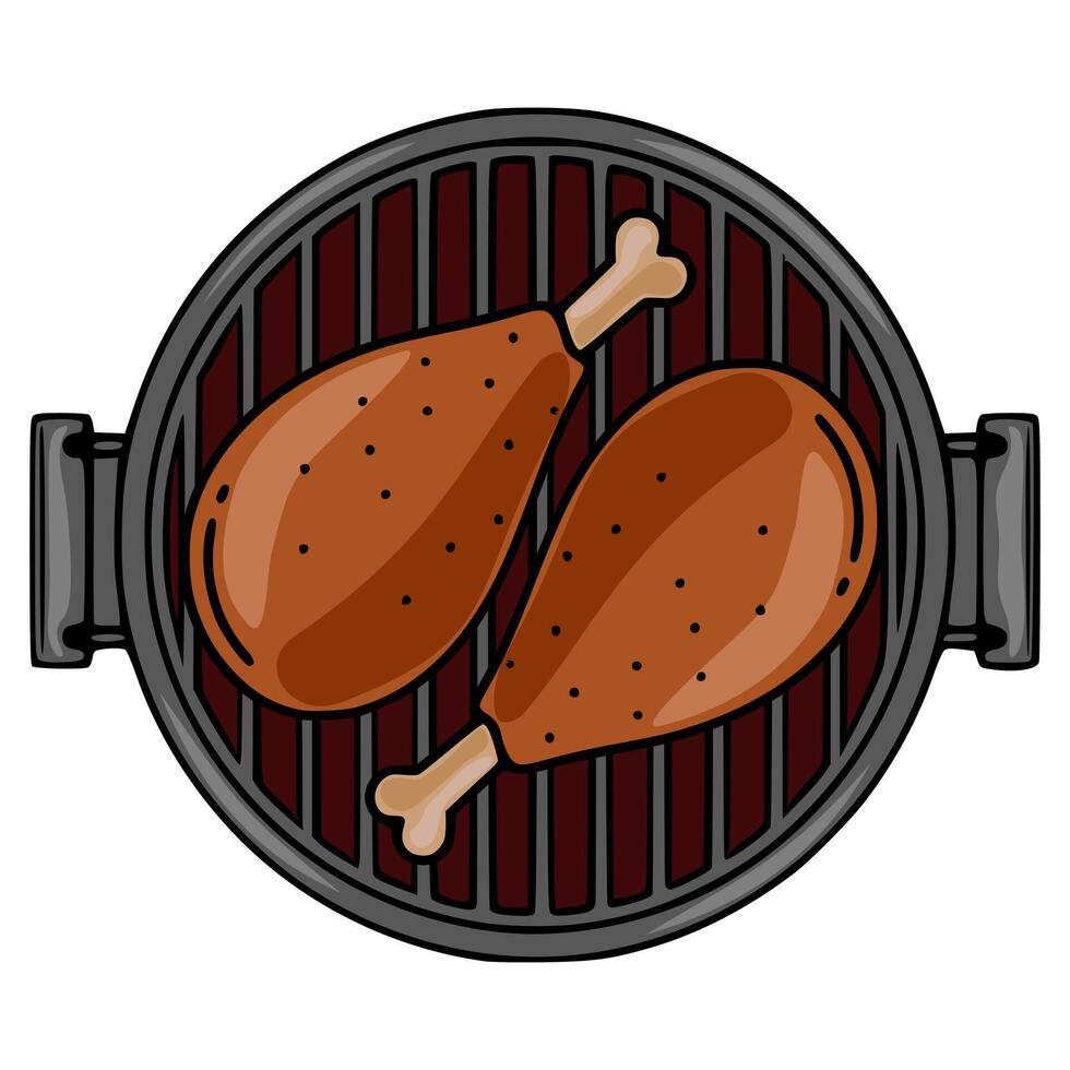 Delicious illustration of two roasted chicken legs on a round grill, top view, showcasing a cartoon style with dark brown and gray color palette. vector