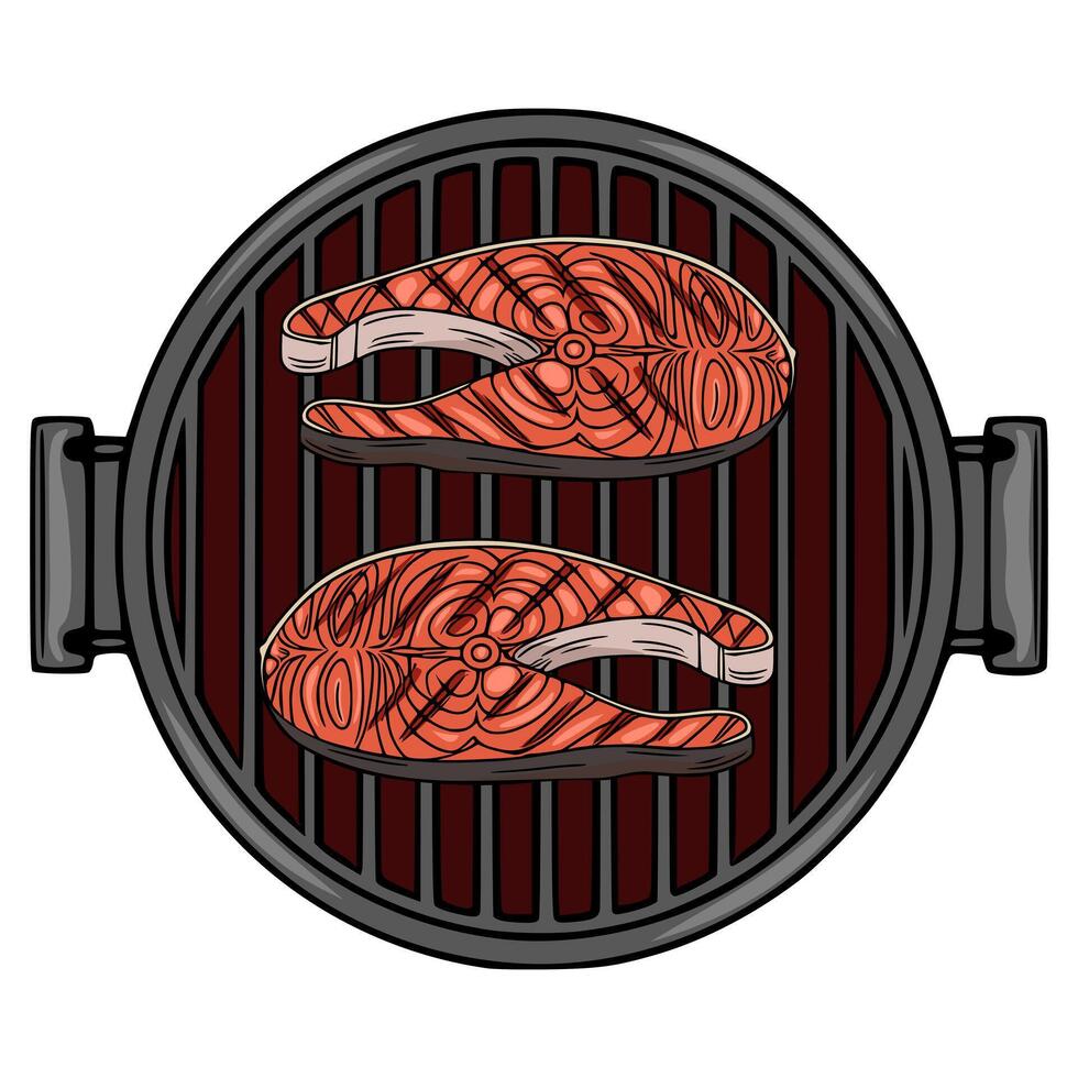 illustration of two salmon steaks grilling on a round barbecue grill, detailed with intricate patterns and a dark maroon grill surface. vector
