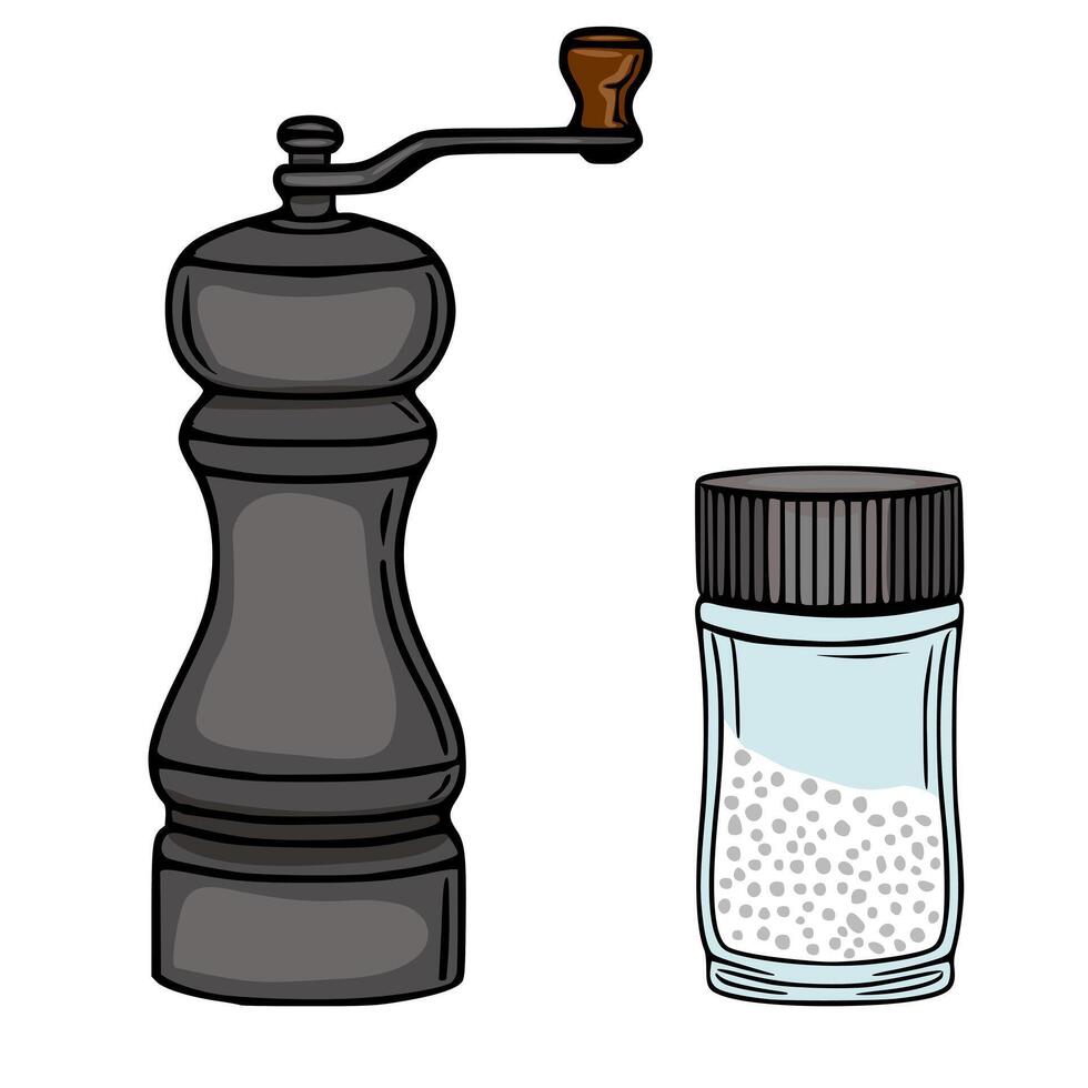 illustration of a vintage manual pepper grinder and a jar of peppercorns, showcasing a handdrawn style with dark gray and brown accents against a white background. vector
