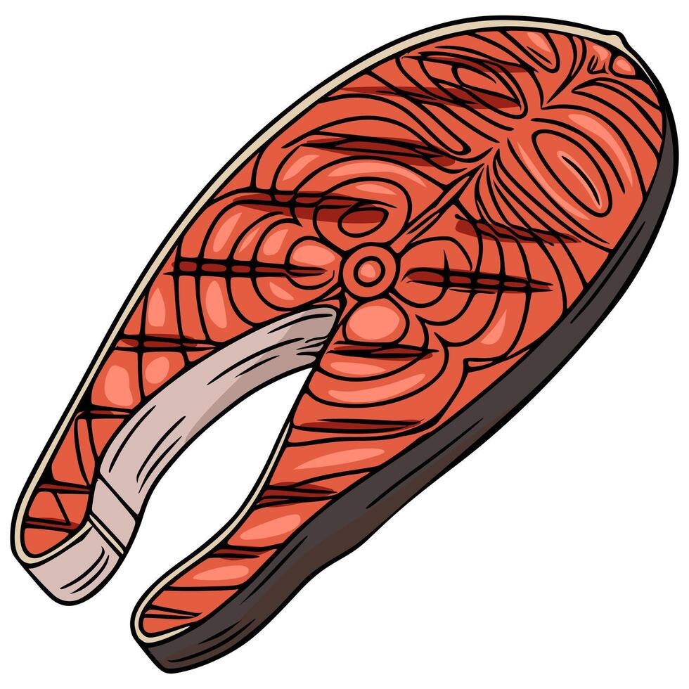 illustration of a grilled salmon steak, showcasing detailed line art and vibrant orange hues, ideal for culinary designs and foodrelated projects. vector