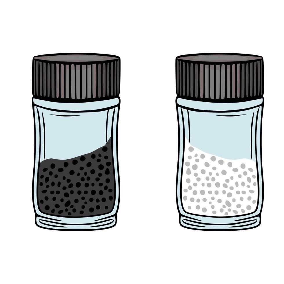 illustration of two glass jars with black pepper and salt, handdrawn style with a focus on detailed texture and realistic shading. vector