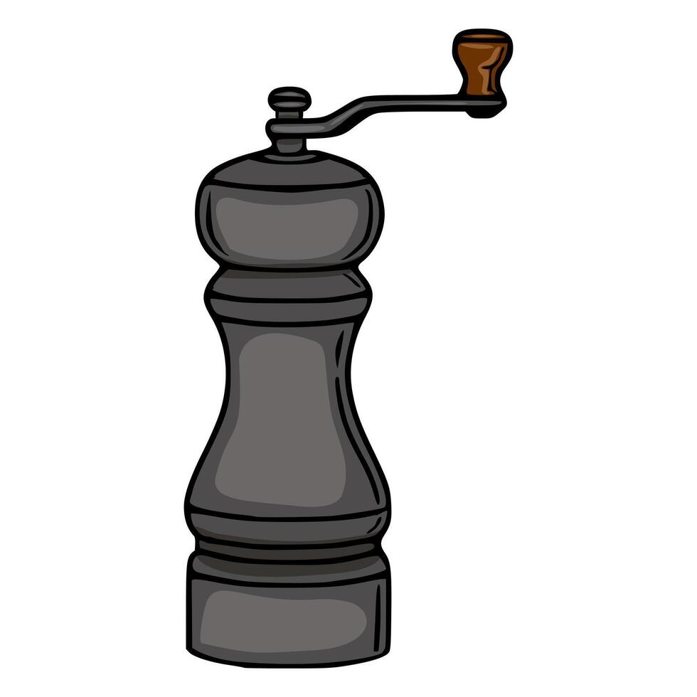 A illustration of a vintagestyle pepper grinder, meticulously detailed with a dark gray body and a brown wooden handle, perfect for culinary designs or retrothemed projects. vector