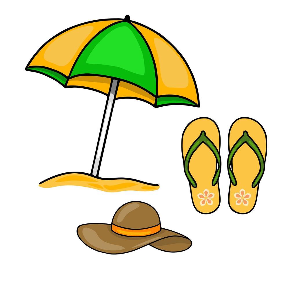 A playful illustration of beach essentials a vibrant yellow and green beach umbrella, a pair of yellow flipflops with floral accents, and a brown sun hat with an orange ribbon, all set aga... vector