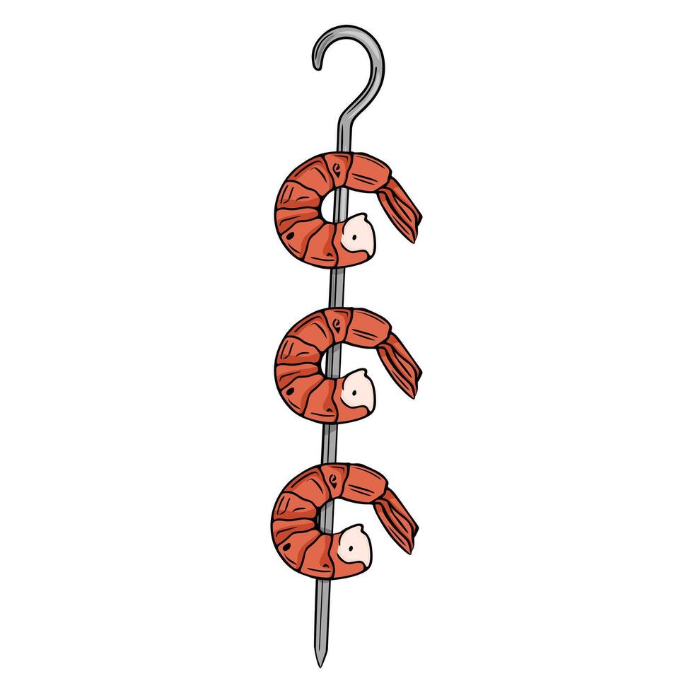 illustration of three grilled shrimps on a skewer, presented in a vertical arrangement with a detailed handdrawn style, showcasing vibrant orange hues and metallic grey accents. vector